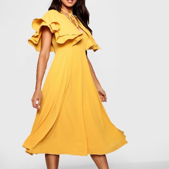 Boohoo Dresses & Skirts - NWT Ruffle Angel Sleeve Bolo Tie Midi Dress